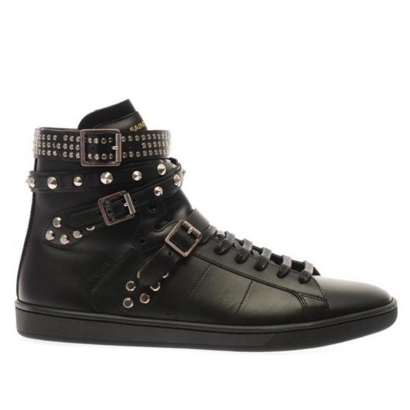 Saint Laurent. Wolly. Black Leather Studded High-Top Sneaker - Picture 1 of 7